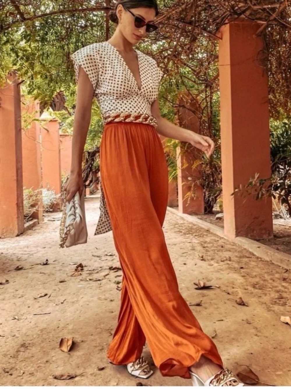 ZARA Rust Orange Wide Leg Flowing Pants High Rise size medium